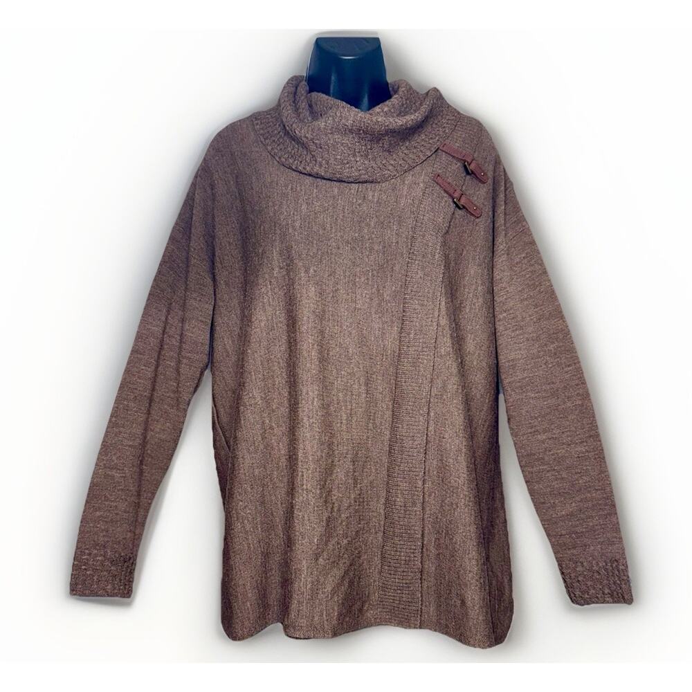 Ellen Tracy Medium 100% Extra Fine Merino Wool Brown Sweater Cable Cowl‎ Buckle